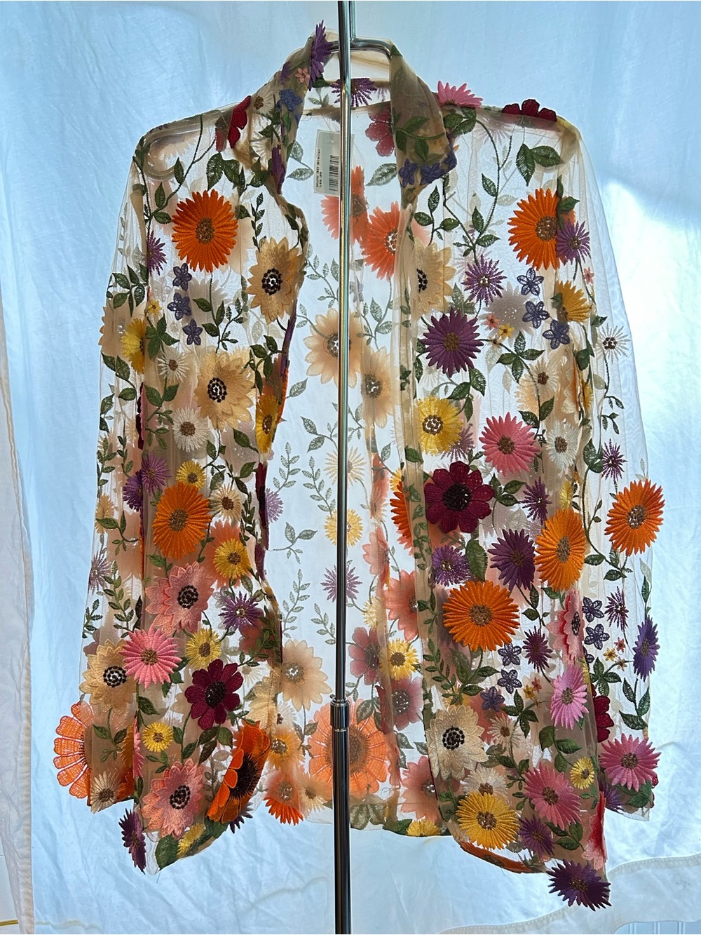 Floral Embroidered Sheer Button-Up Blouse - Multicolor Flowers